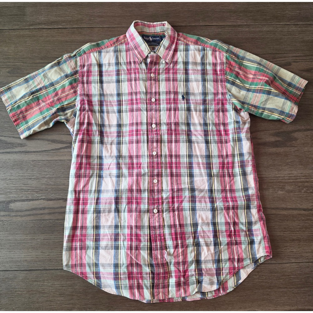 Ralph Lauren Mens Madras Plaid Short Sleeve Button Down Shirt Pink Green Medium